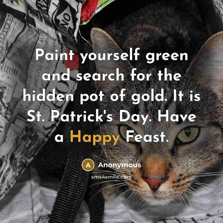 “Paint yourself green and search for the hidden pot of gold. It is St. Patrick's Day. Have a Happy Feast.” quote by Anonymous