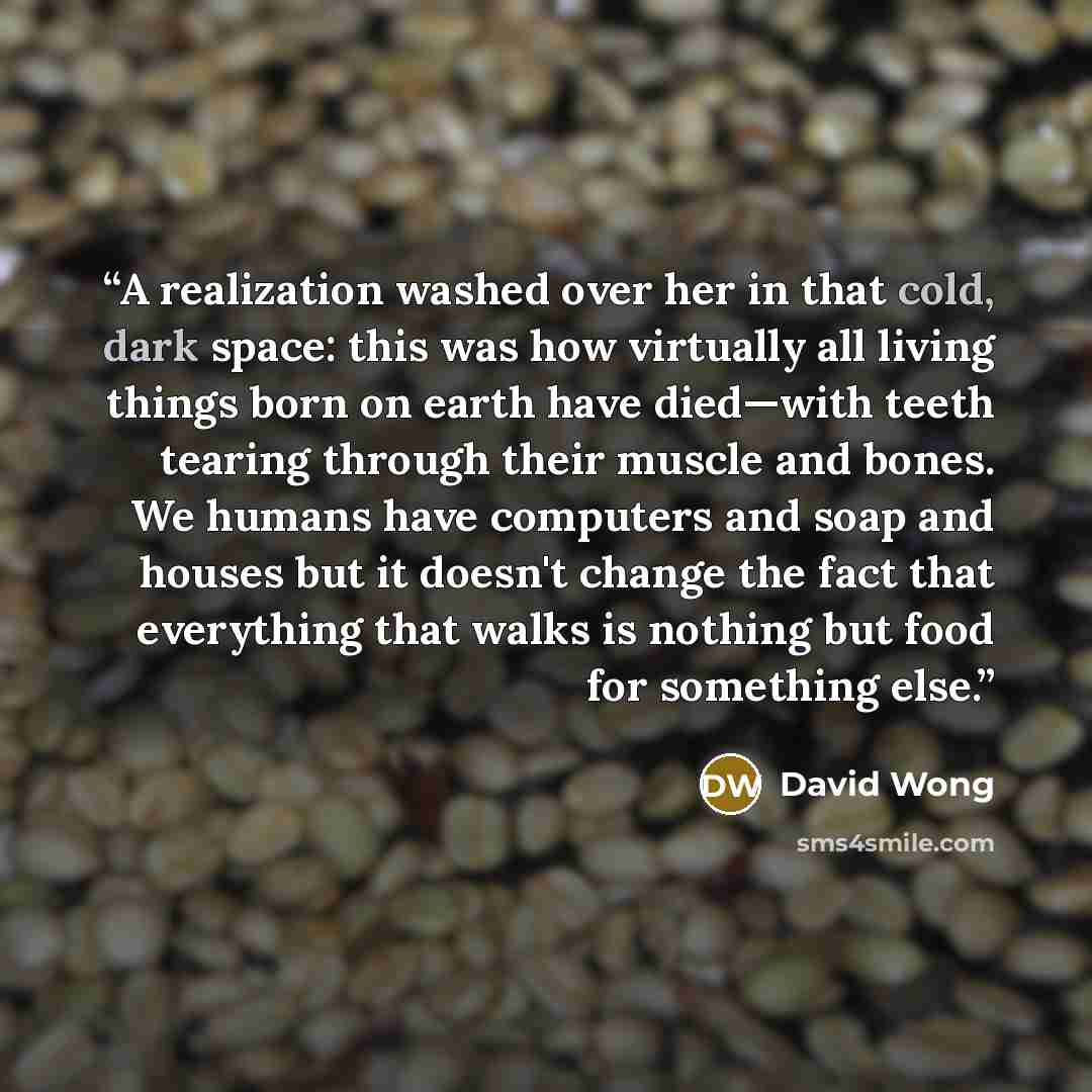 “A realization washed over her in that cold, dark space: this was how virtually all living things born on earth have died—with teeth tearing through their muscle and bones. We humans have computers and soap and houses but it doesn't change the fact that everything that walks is nothing but food for…” quote by David Wong