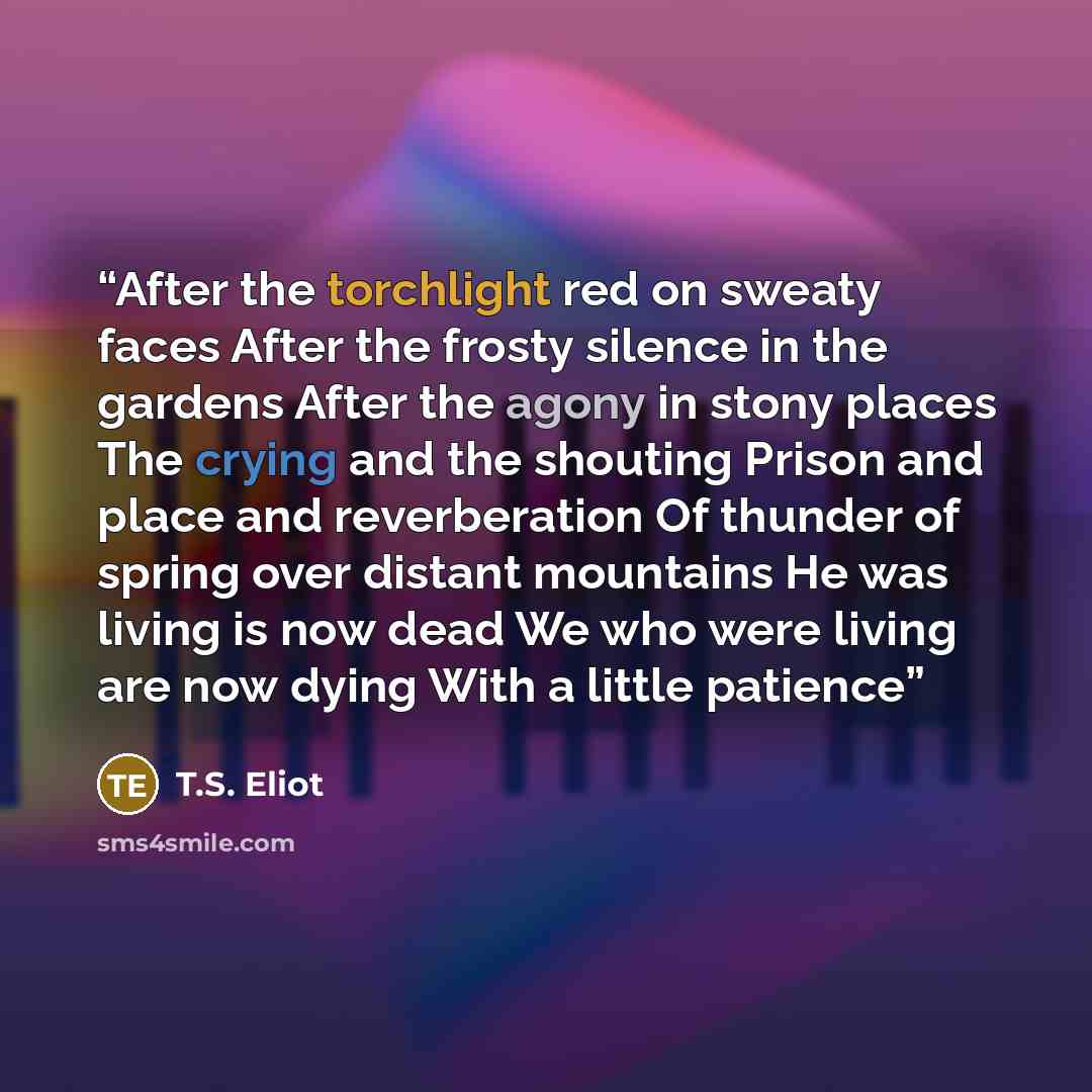 “After the torchlight red on sweaty faces After the frosty silence in the gardens After the agony in stony places The crying and the shouting Prison and place and reverberation Of thunder of spring over distant mountains He was living is now dead We who were living are now dying With a little…” quote by T.S. Eliot