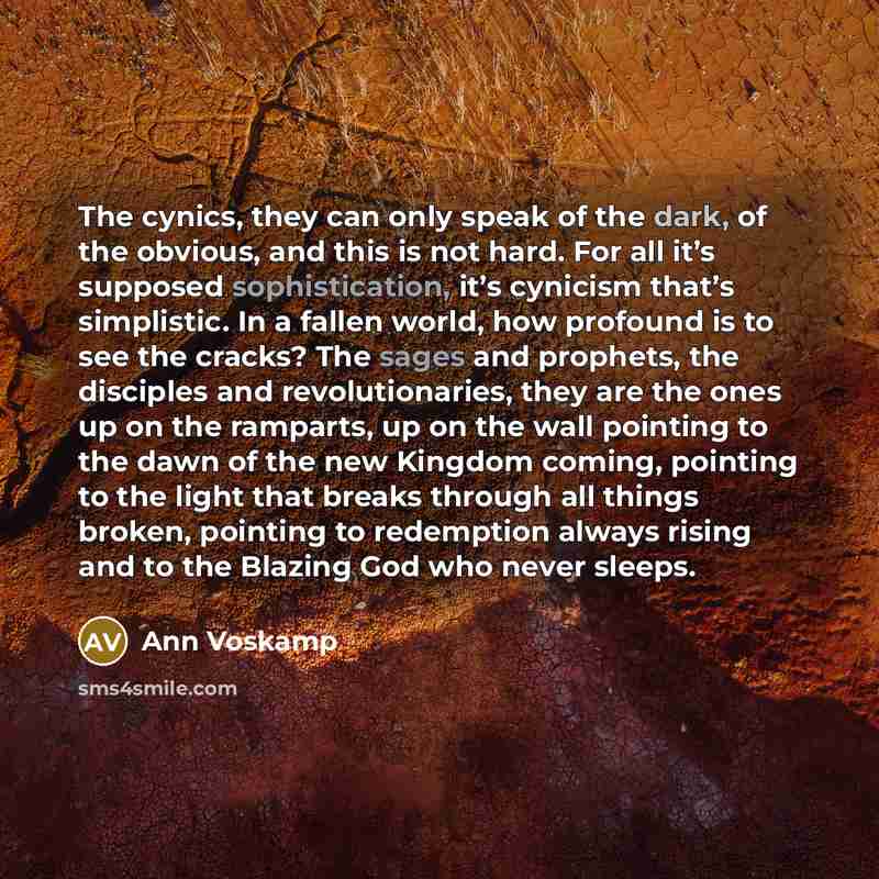 “The cynics, they can only speak of the dark, of…” quote by Ann Voskamp