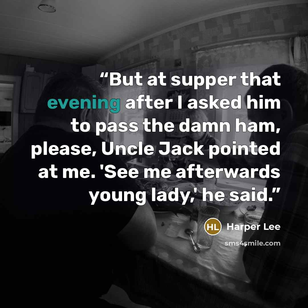 “But at supper that evening after I asked him to pass the damn ham, please, Uncle Jack pointed at me. 'See me afterwards young lady,' he said.” quote by Harper Lee