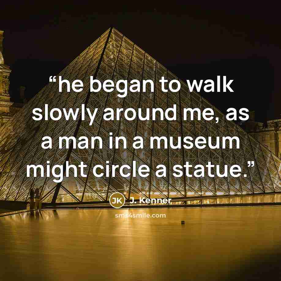 “he began to walk slowly around me, as a man in a museum might circle a statue.” quote by J. Kenner