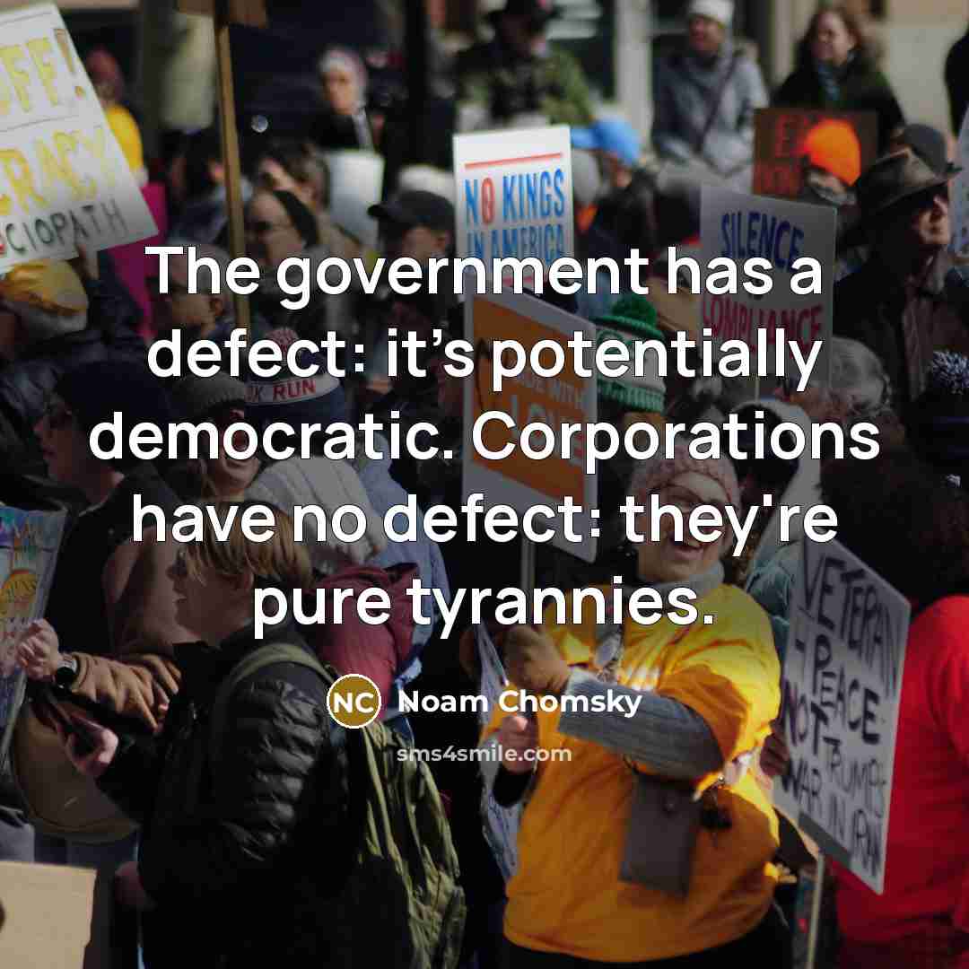 “The government has a defect: it's potentially democratic. Corporations have…” quote by Noam Chomsky
