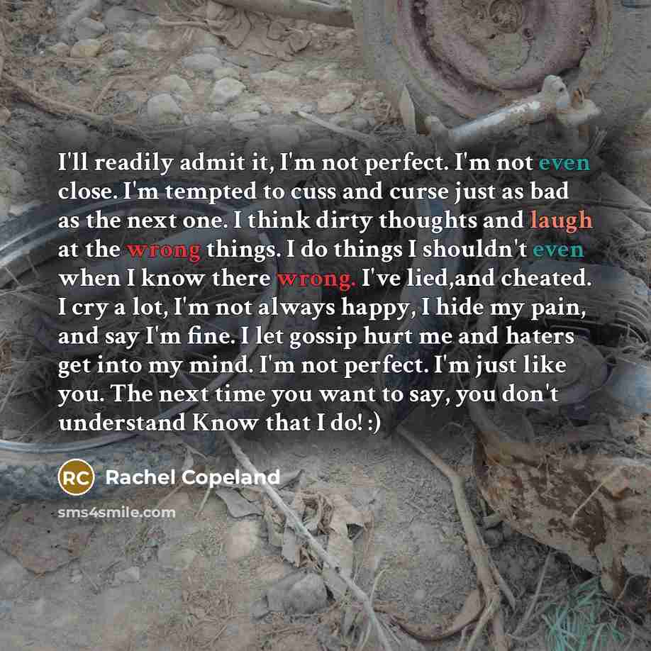 “I'll readily admit it, I'm not perfect. I'm not even close. I'm tempted to cuss and curse just as bad as the next one. I think dirty thoughts and laugh at the wrong things. I do things I shouldn't even when I know there wrong. I've lied,and cheated. I cry a lot, I'm not always happy, I hide my…” quote by Rachel Copeland
