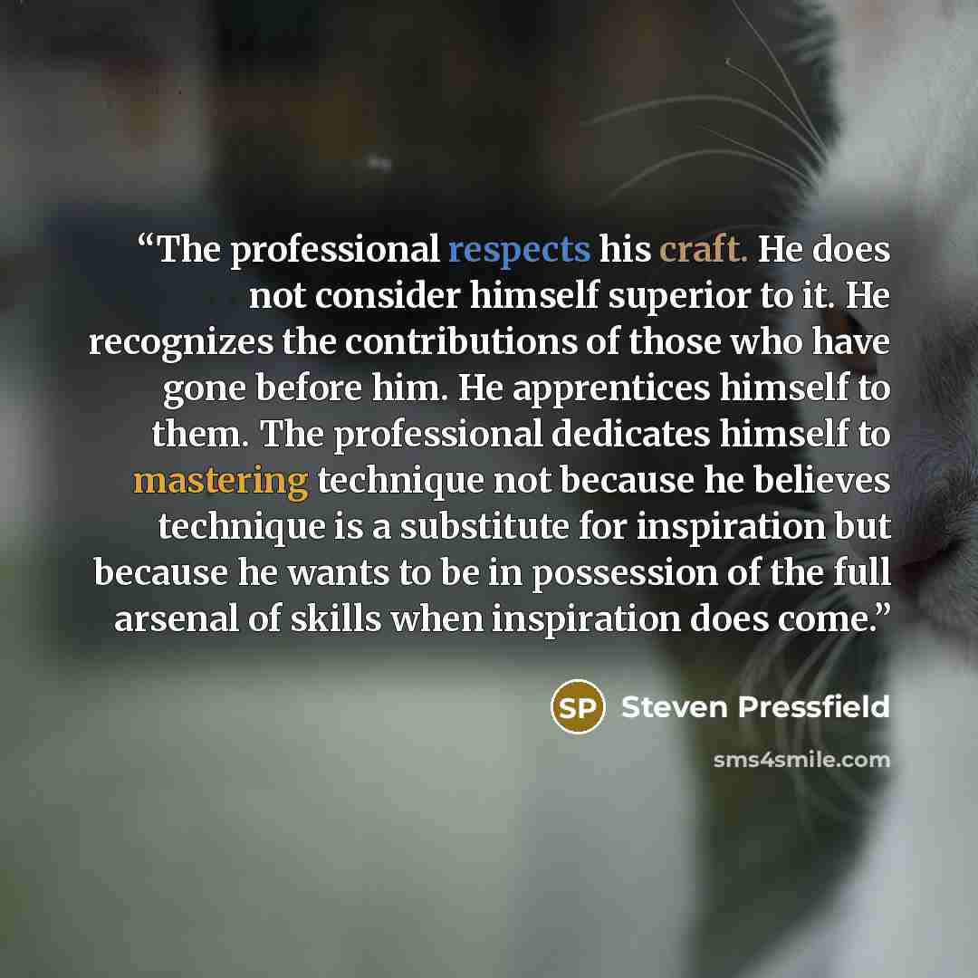 “The professional respects his craft. He does not consider himself superior to it. He recognizes the contributions of those who have gone before him. He apprentices himself to them. The professional dedicates himself to mastering technique not because he believes technique is a substitute for…” quote by Steven Pressfield