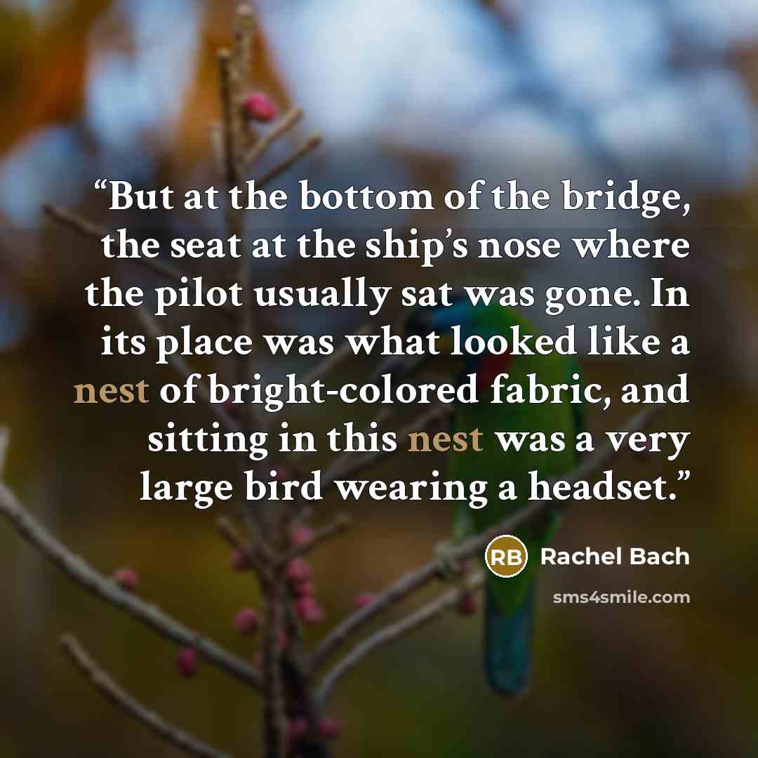 “But at the bottom of the bridge, the seat at the ship’s nose where the pilot usually sat was gone. In its place was what looked like a nest of bright-colored fabric, and sitting in this nest was a very large bird wearing a headset.” quote by Rachel Bach