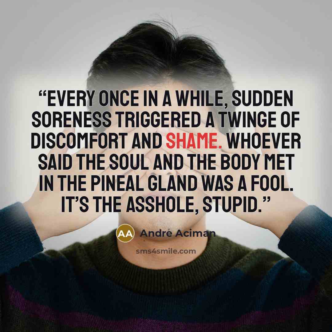 “Every once in a while, sudden soreness triggered a twinge of discomfort and shame. Whoever said the soul and the body met in the pineal gland was a fool. It’s the asshole, stupid.” quote by André Aciman