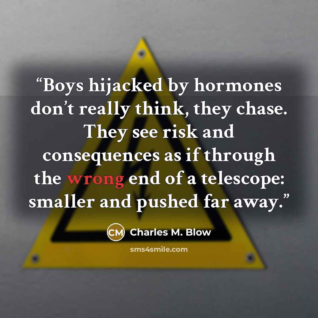 “Boys hijacked by hormones don’t really think, they chase. They see risk and consequences as if through the wrong end of a telescope: smaller and pushed far away.” quote by Charles M. Blow