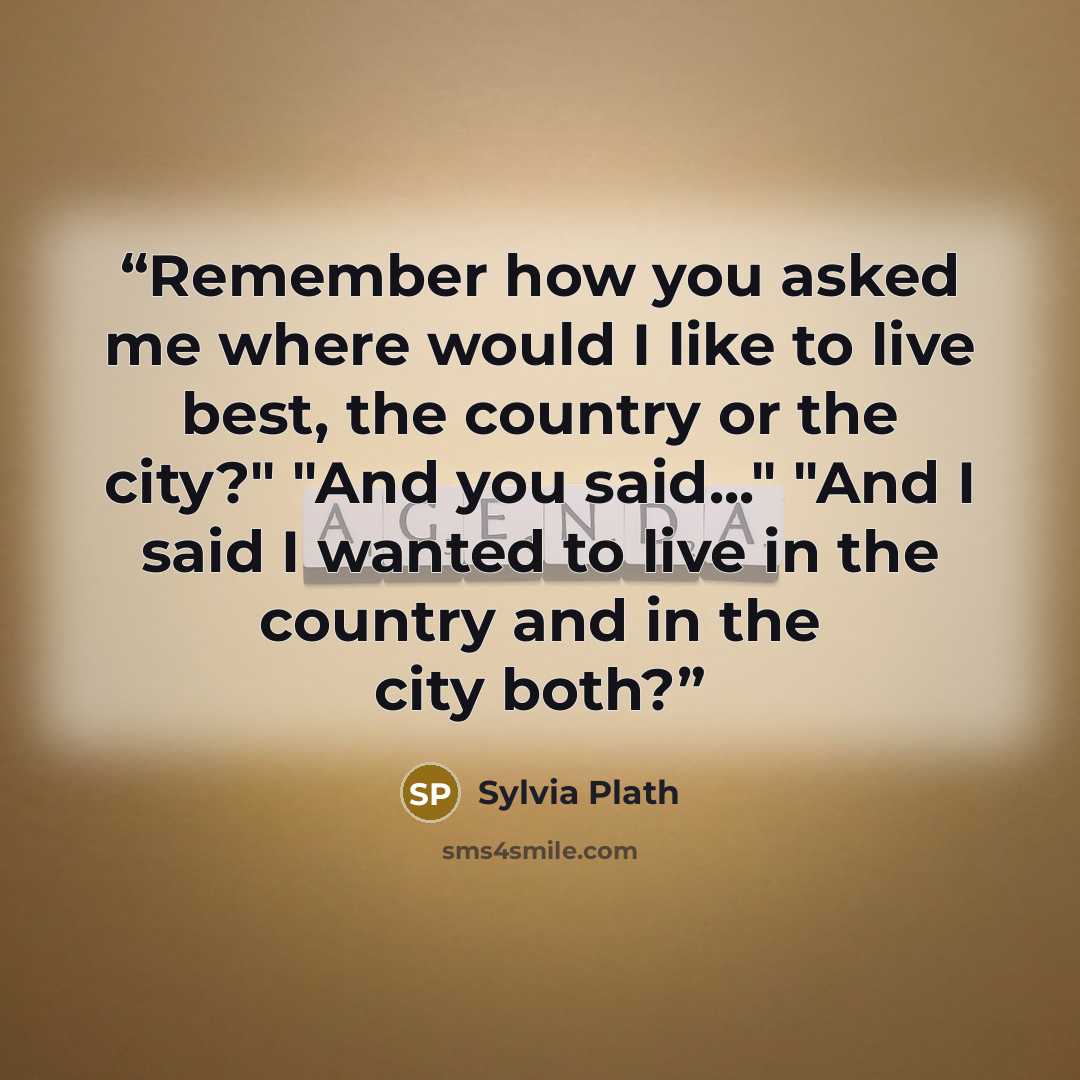 “Remember how you asked me where would I like to live best, the country or the city?" "And you said..." "And I said I wanted to live in the country and in the city both?” quote by Sylvia Plath