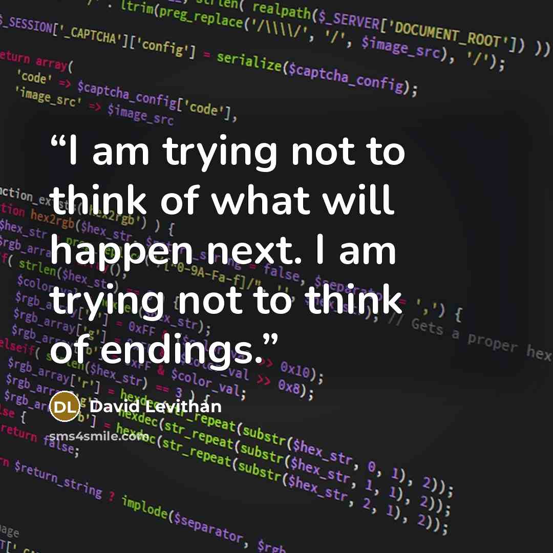 “I am trying not to think of what will happen next. I am trying not to think of endings.” quote by David Levithan
