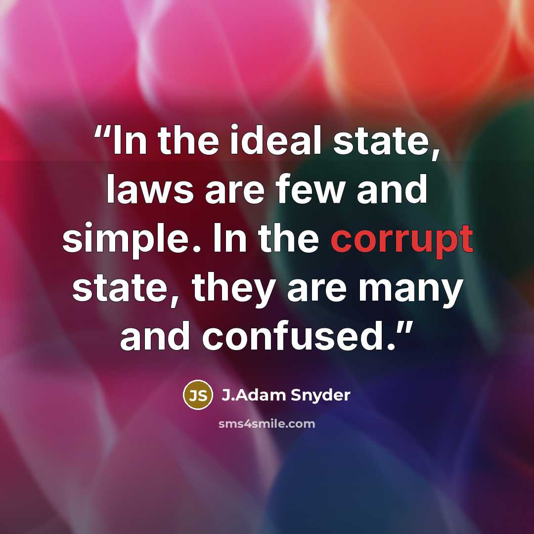 “In the ideal state, laws are few and simple. In the corrupt state, they are many and confused.” quote by J.Adam Snyder