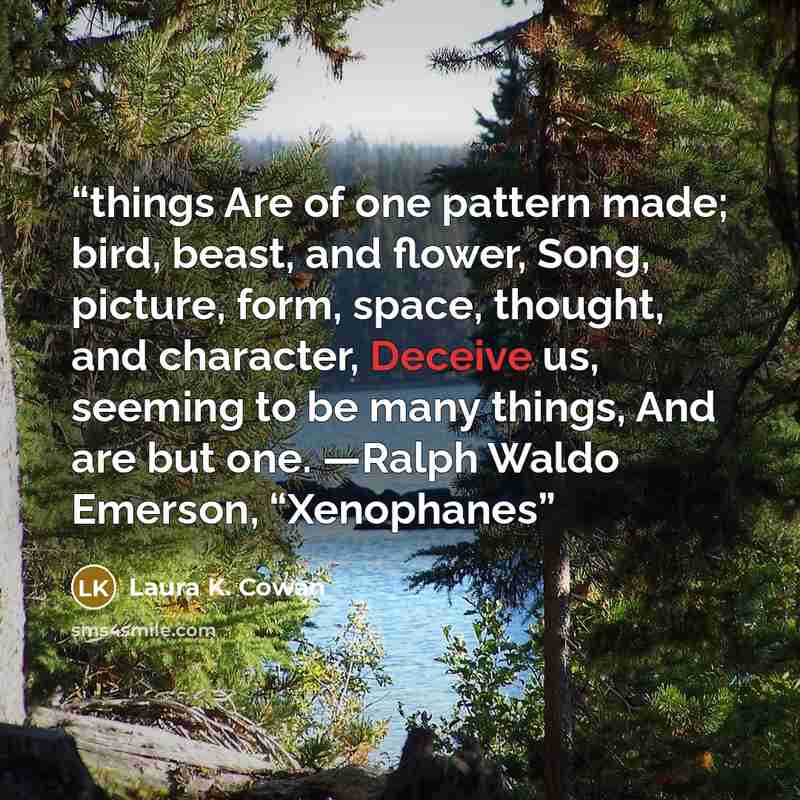 “things Are of one pattern made; bird, beast, and flower, Song, picture, form, space, thought, and character, Deceive us, seeming to be many things, And are but one. —Ralph Waldo Emerson, “Xenophanes” quote by Laura K. Cowan