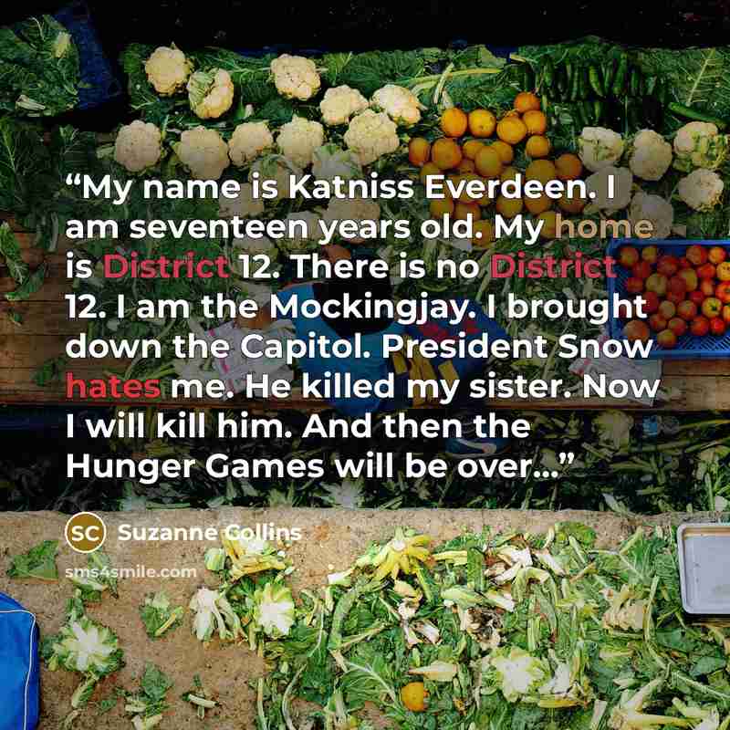 “My name is Katniss Everdeen. I am seventeen years old. My home is District 12. There is no District 12. I am the Mockingjay. I brought down the Capitol. President Snow hates me. He killed my sister. Now I will kill him. And then the Hunger Games will be over…” quote by Suzanne Collins