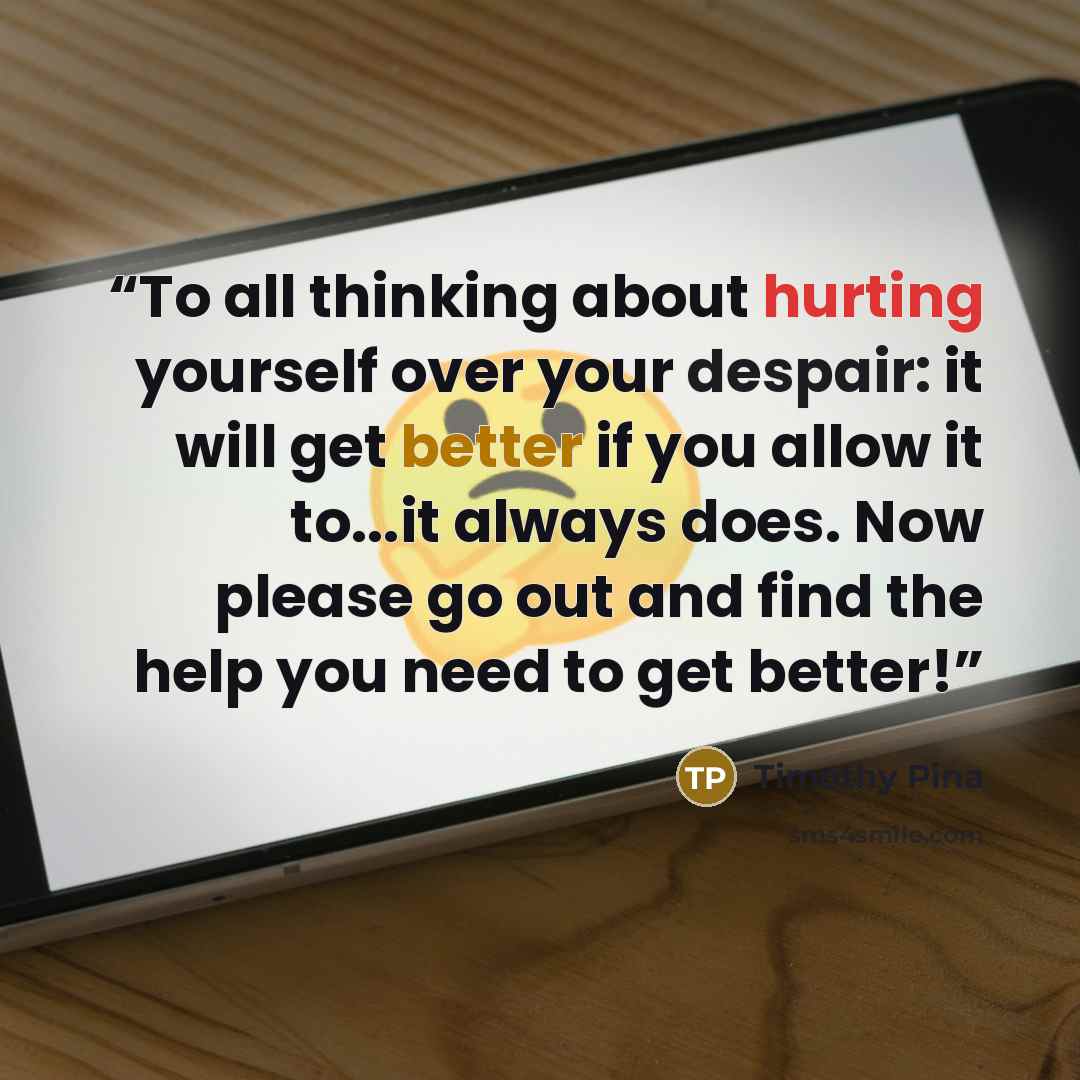 “To all thinking about hurting yourself over your despair: it will get better if you allow it to...it always does. Now please go out and find the help you need to get better!” quote by Timothy Pina