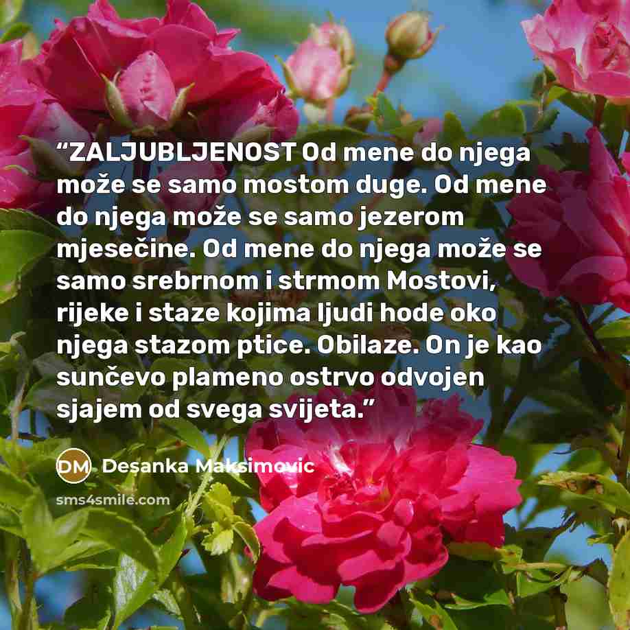 “ZALJUBLJENOST Od mene do njega može se samo mostom duge. Od mene do njega može se samo jezerom mjesečine. Od mene do njega može se samo srebrnom i strmom Mostovi, rijeke i staze kojima ljudi hode oko njega stazom ptice. Obilaze. On je kao sunčevo plameno ostrvo odvojen sjajem od svega svijeta.” quote by Desanka Maksimović