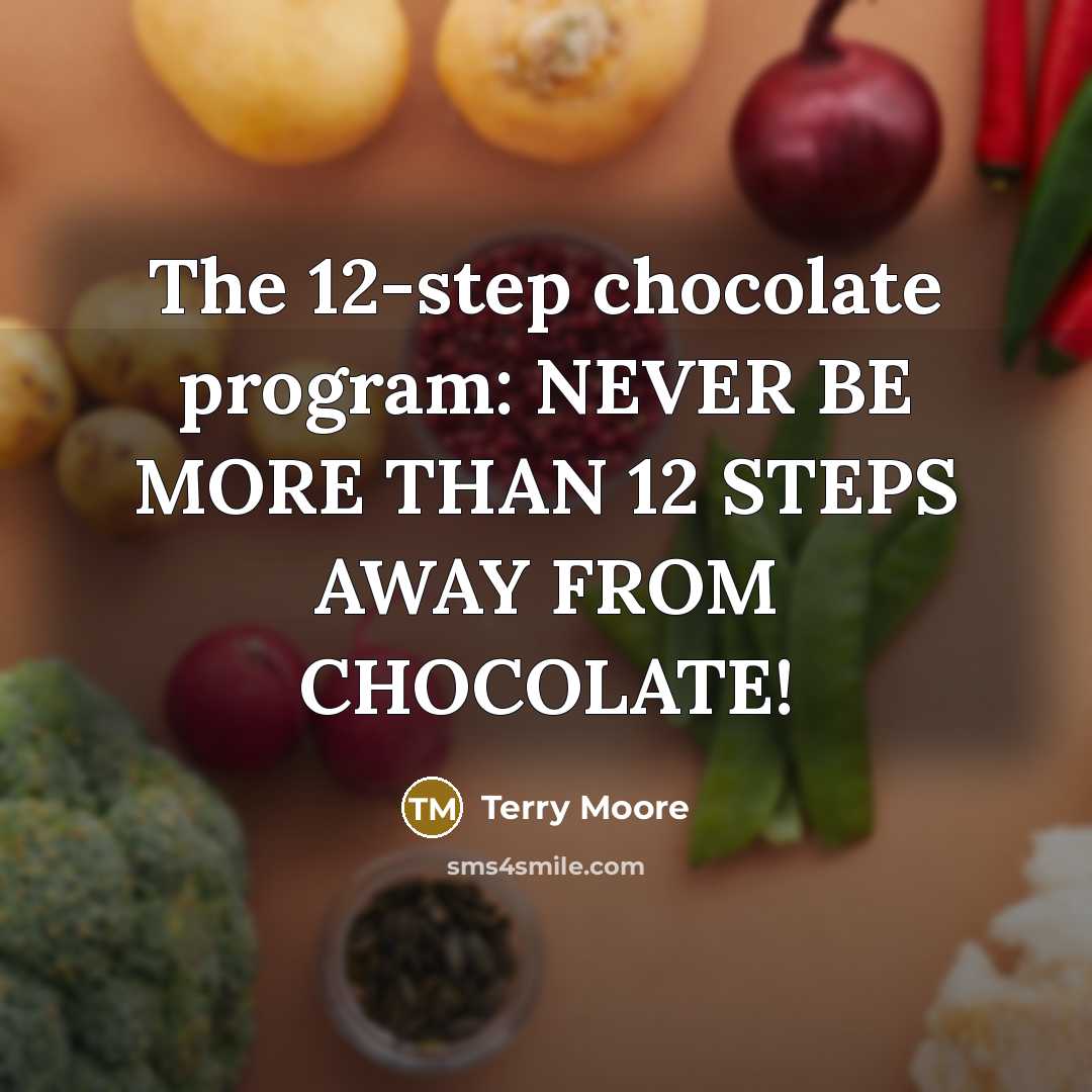 “The 12-step chocolate program: NEVER BE MORE THAN 12 STEPS AWAY FROM CHOCOLATE!” quote by Terry Moore