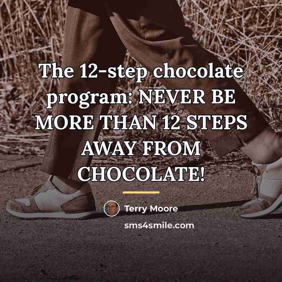 “The 12-step chocolate program: NEVER BE MORE THAN 12 STEPS…” quote by Terry Moore