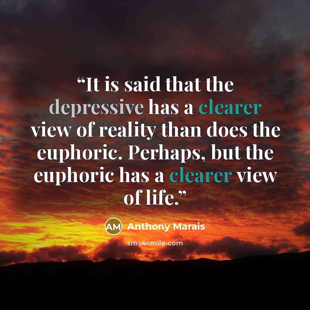 “It is said that the depressive has a clearer view of reality than does the euphoric. Perhaps, but the euphoric has a clearer view of life.” quote by Anthony Marais