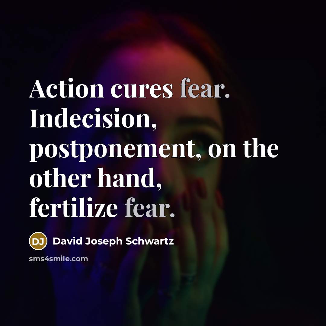 “Action cures fear. Indecision, postponement, on the other hand, fertilize…” quote by David Joseph Schwartz