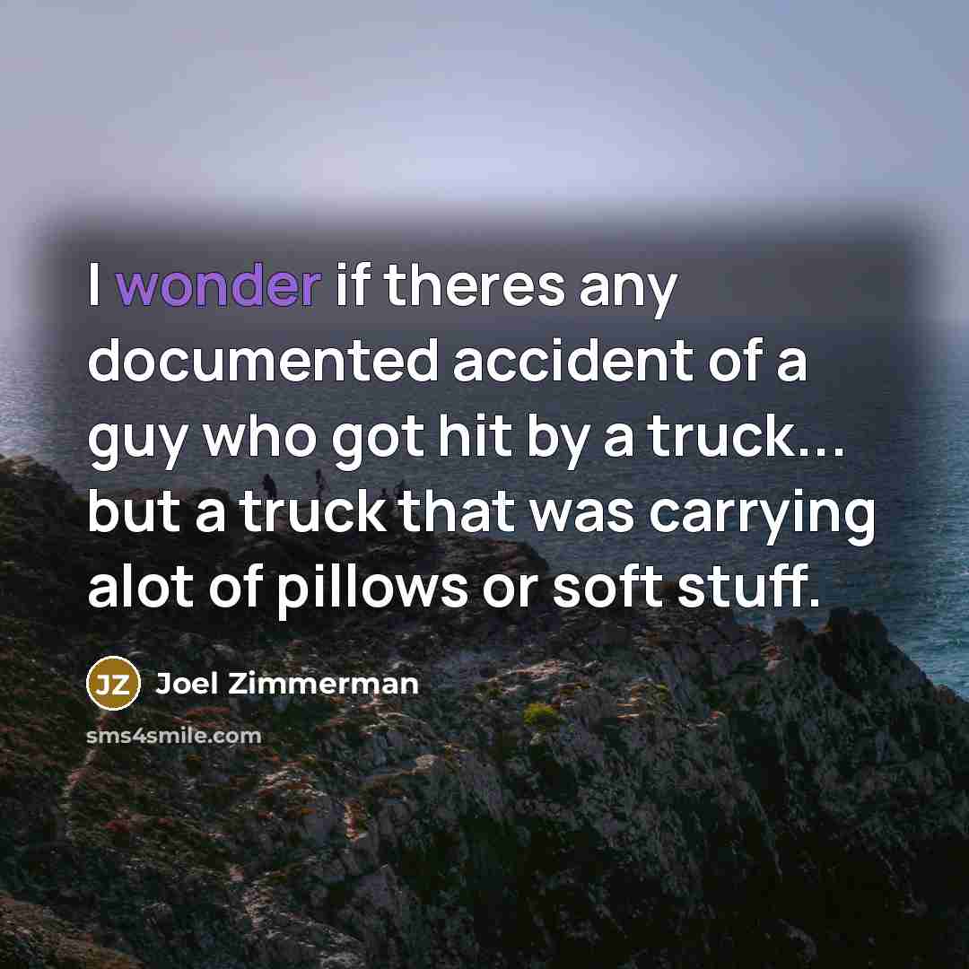 “I wonder if theres any documented accident of a guy who got hit by a truck... but a truck that was carrying alot of pillows or soft stuff.” quote by Joel Zimmerman