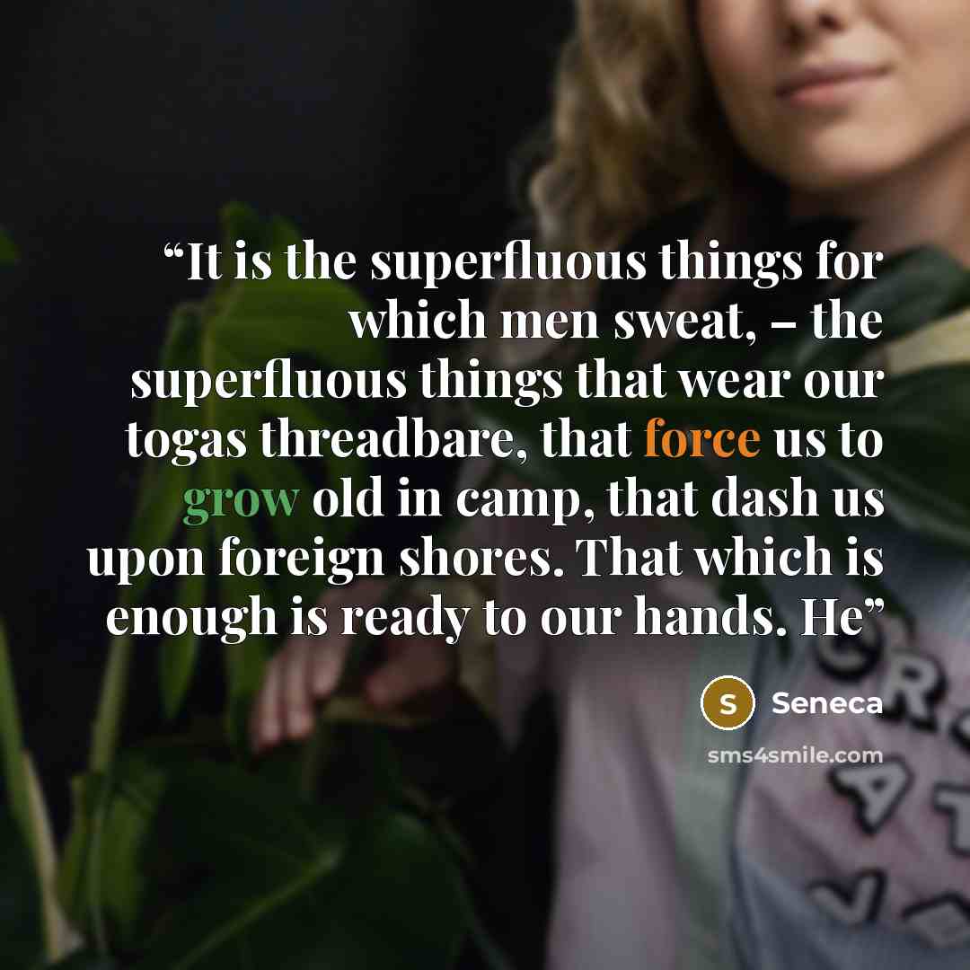 “It is the superfluous things for which men sweat, – the superfluous things that wear our togas threadbare, that force us to grow old in camp, that dash us upon foreign shores. That which is enough is ready to our hands. He” quote by Seneca