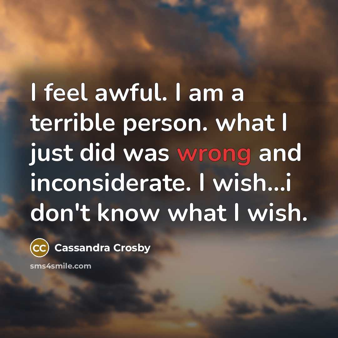 “I feel awful. I am a terrible person. what I just did was wrong and inconsiderate. I wish…i don't know what I wish.” quote by Cassandra Crosby