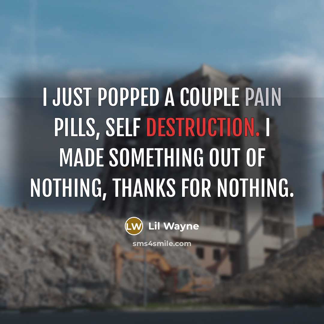 “I just popped a couple pain pills, self destruction. I made something out of nothing, thanks for nothing.” quote by Lil Wayne