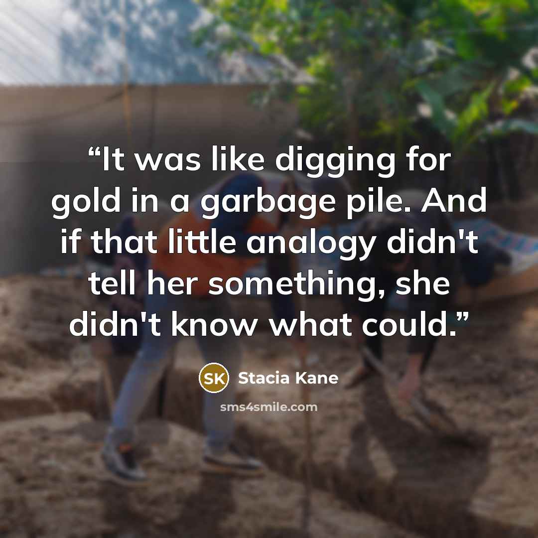 “It was like digging for gold in a garbage pile. And if that little analogy didn't tell her something, she didn't know what could.” quote by Stacia Kane