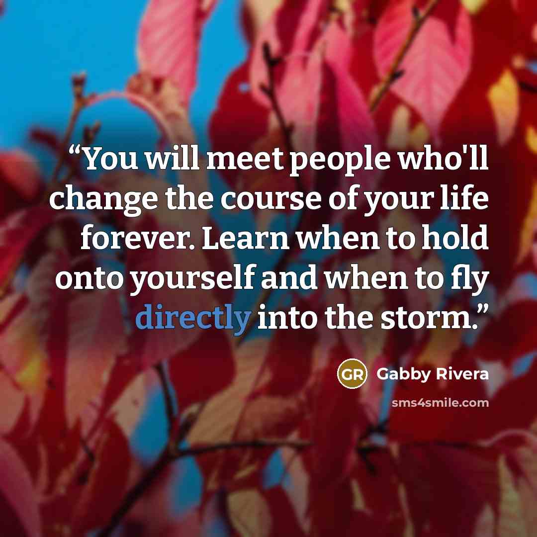 “You will meet people who'll change the course of your life forever. Learn when to hold onto yourself and when to fly directly into the storm.” quote by Gabby Rivera