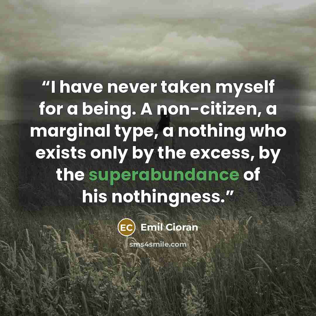 “I have never taken myself for a being. A non-citizen, a marginal type, a nothing who exists only by the excess, by the superabundance of his nothingness.” quote by Emil Cioran