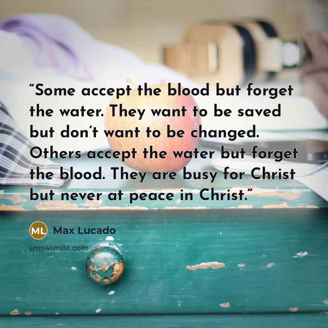 “Some accept the blood but forget the water. They want to be saved but don’t want to be changed. Others accept the water but forget the blood. They are busy for Christ but never at peace in Christ.” quote by Max Lucado