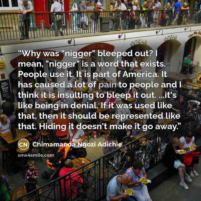“Why was "nigger" bleeped out? I mean, "nigger" is a word that exists. People use it. It is part of America. It has caused a lot of pain to people and I think it is insulting to bleep it out. ...it's like being in denial. If it was used like that, then it should be represented like that. Hiding it…” quote by Chimamanda Ngozi Adichie