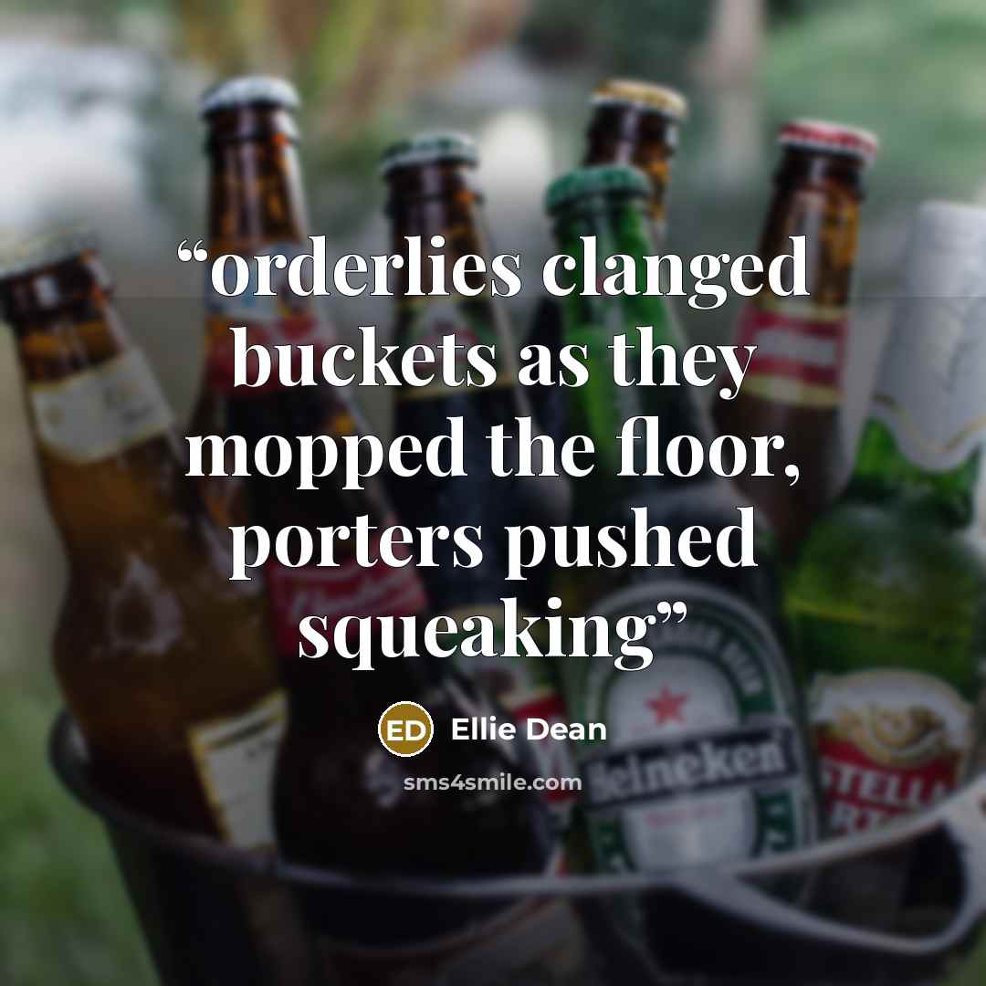 “orderlies clanged buckets as they mopped the floor, porters pushed squeaking” quote by Ellie Dean