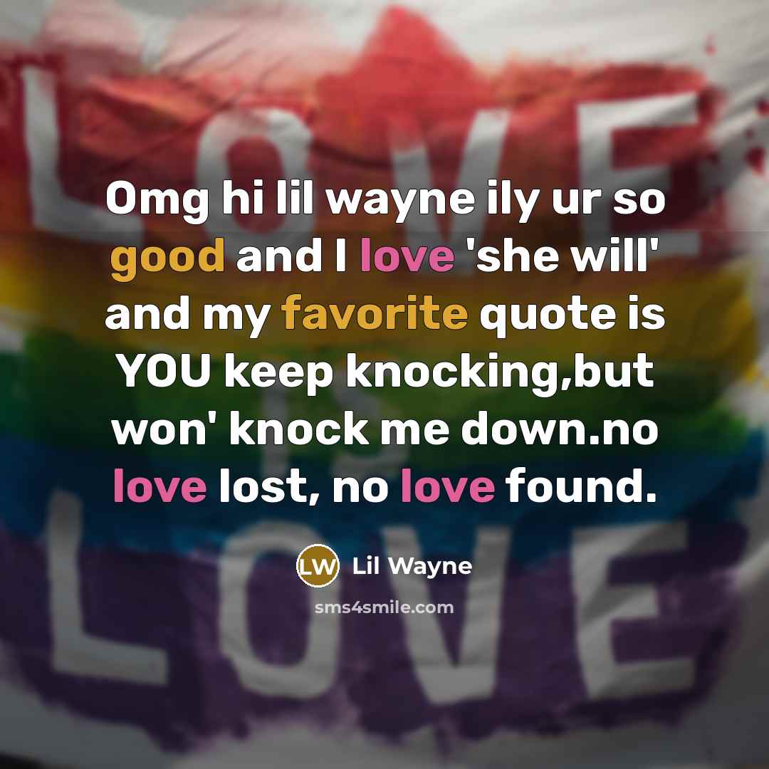 “Omg hi lil wayne ily ur so good and I love 'she will' and my favorite quote is YOU keep knocking,but won' knock me down.no love lost, no love found.” quote by Lil Wayne