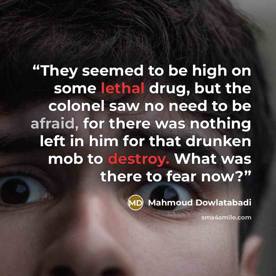 “They seemed to be high on some lethal drug, but the colonel saw no need to be afraid, for there was nothing left in him for that drunken mob to destroy. What was there to fear now?” quote by Mahmoud Dowlatabadi