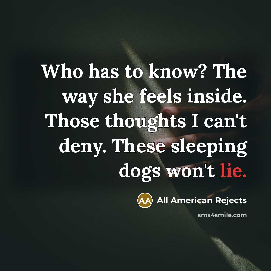 “Who has to know? The way she feels inside. Those thoughts I can't deny. These sleeping dogs won't lie.” quote by All American Rejects