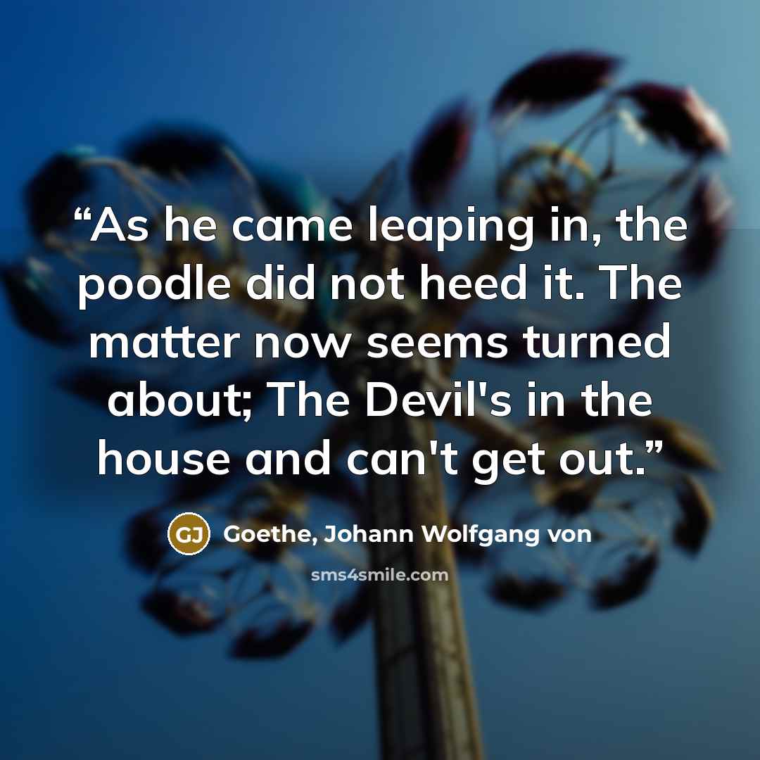 “As he came leaping in, the poodle did not heed it. The matter now seems turned about; The Devil's in the house and can't get out.” quote by Goethe, Johann Wolfgang von