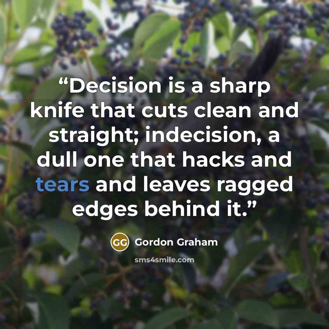 “Decision is a sharp knife that cuts clean and straight; indecision, a dull one that hacks and tears and leaves ragged edges behind it.” quote by Gordon Graham