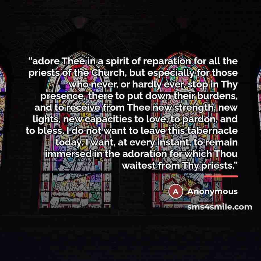 “adore Thee in a spirit of reparation for all the priests of the Church, but especially for those who never, or hardly ever, stop in Thy presence, there to put down their burdens, and to receive from Thee new strength, new lights, new capacities to love, to pardon, and to bless. I do not want to…” quote by Anonymous