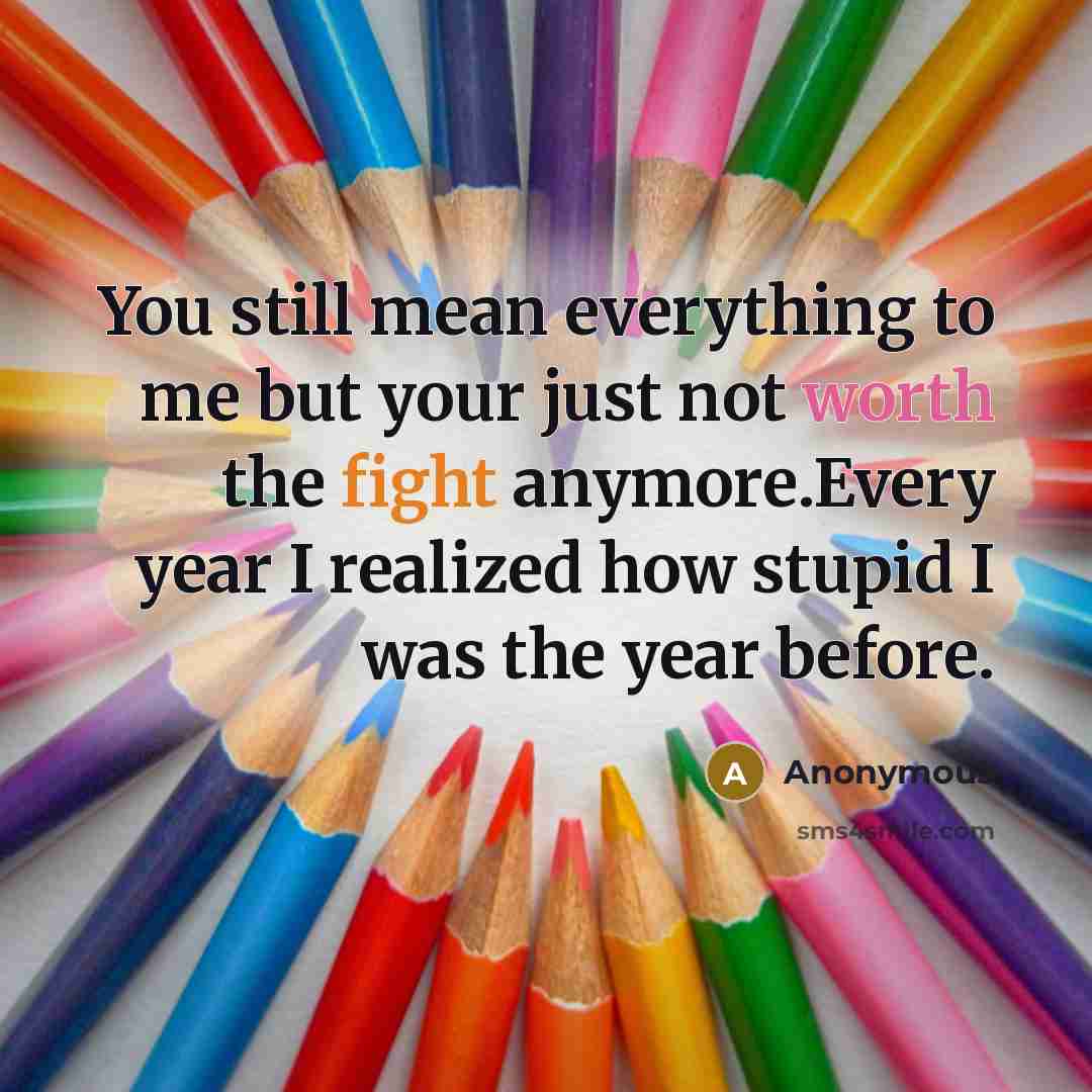 “You still mean everything to me but your just not worth the fight anymore.Every year I realized how stupid I was the year before.” quote by Anonymous