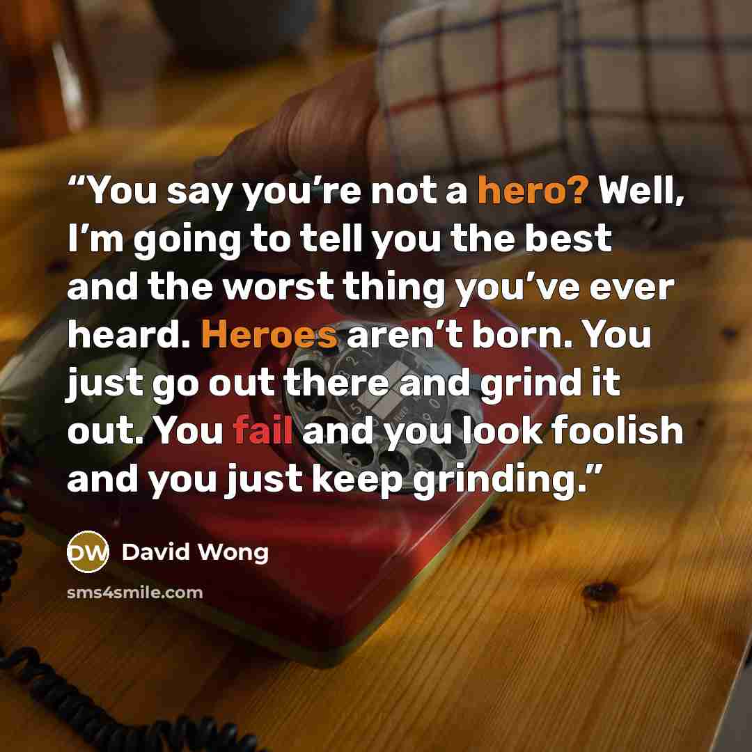 “You say you’re not a hero? Well, I’m going to tell you the best and the worst thing you’ve ever heard. Heroes aren’t born. You just go out there and grind it out. You fail and you look foolish and you just keep grinding.” quote by David Wong