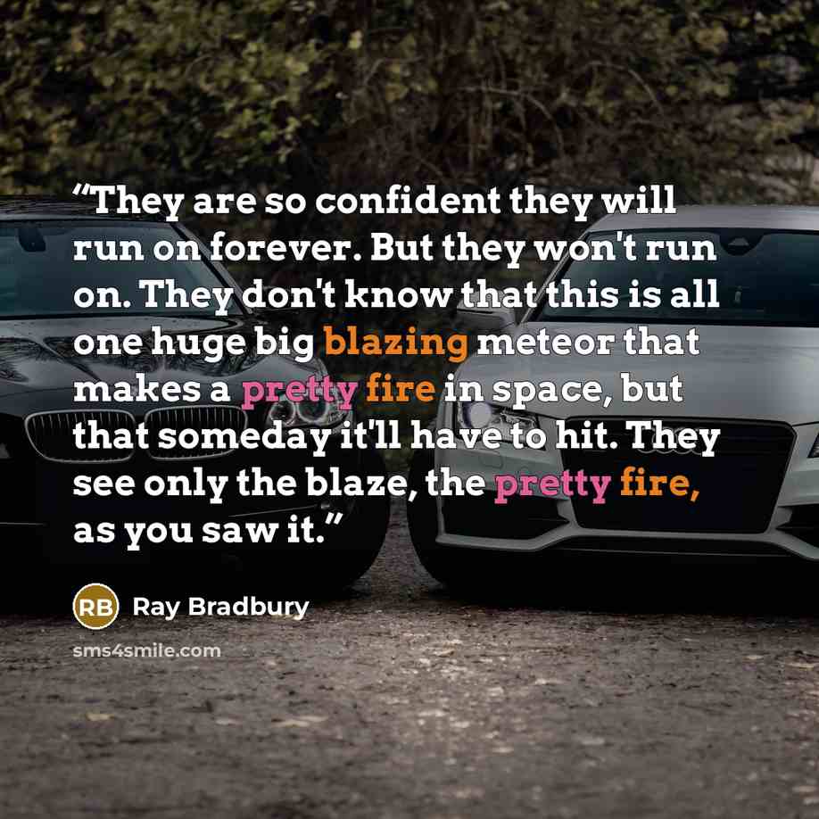 “They are so confident they will run on forever. But they won't run on. They don't know that this is all one huge big blazing meteor that makes a pretty fire in space, but that someday it'll have to hit. They see only the blaze, the pretty fire, as you saw it.” quote by ray bradbury