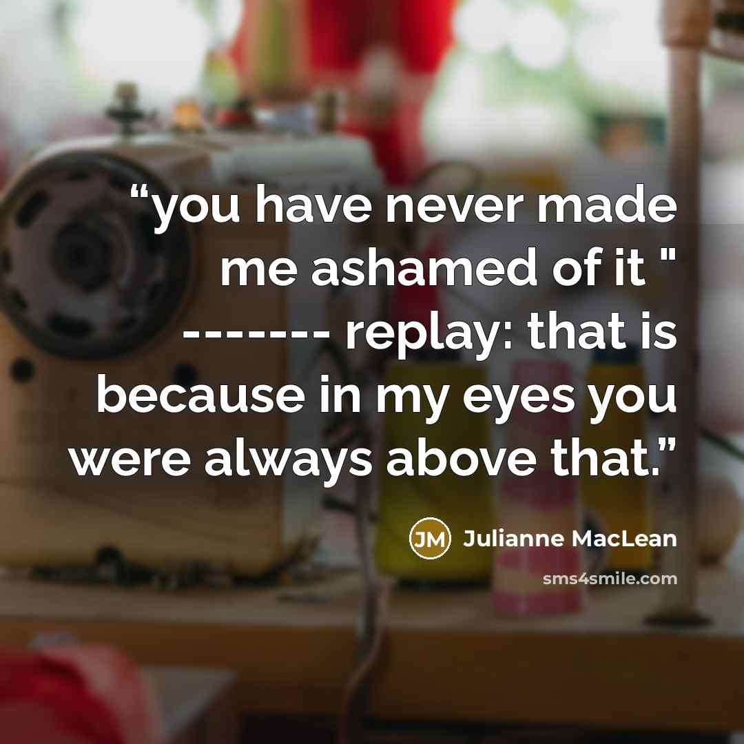 “you have never made me ashamed of it " ------- replay: that is because in my eyes you were always above that.” quote by Julianne MacLean