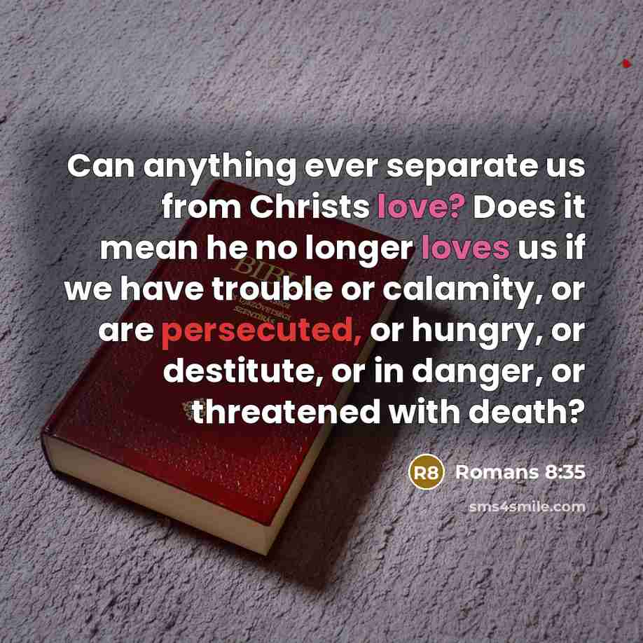 “Can anything ever separate us from Christs love? Does it mean he no longer loves us if we have trouble or calamity, or are persecuted, or hungry, or destitute, or in danger, or threatened with death?” quote by Romans 8:35