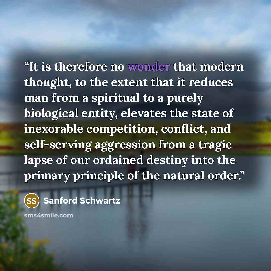 “It is therefore no wonder that modern thought, to the extent that it reduces man from a spiritual to a purely biological entity, elevates the state of inexorable competition, conflict, and self-serving aggression from a tragic lapse of our ordained destiny into the primary principle of the natural…” quote by Sanford Schwartz