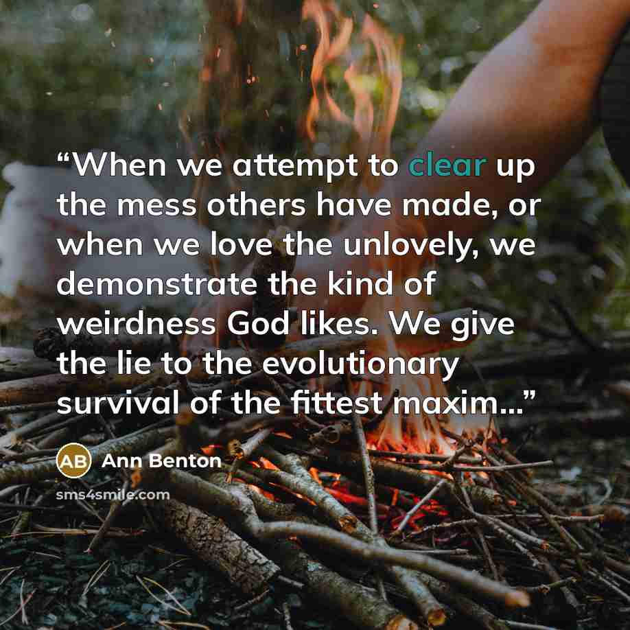 “When we attempt to clear up the mess others have made, or when we love the unlovely, we demonstrate the kind of weirdness God likes. We give the lie to the evolutionary survival of the fittest maxim...” quote by Ann Benton