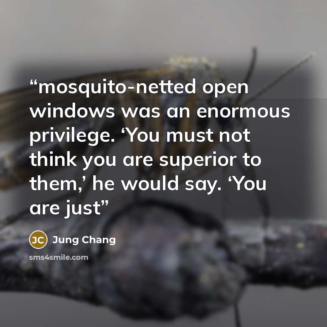“mosquito-netted open windows was an enormous privilege. ‘You must not think you are superior to them,’ he would say. ‘You are just” quote by Jung Chang