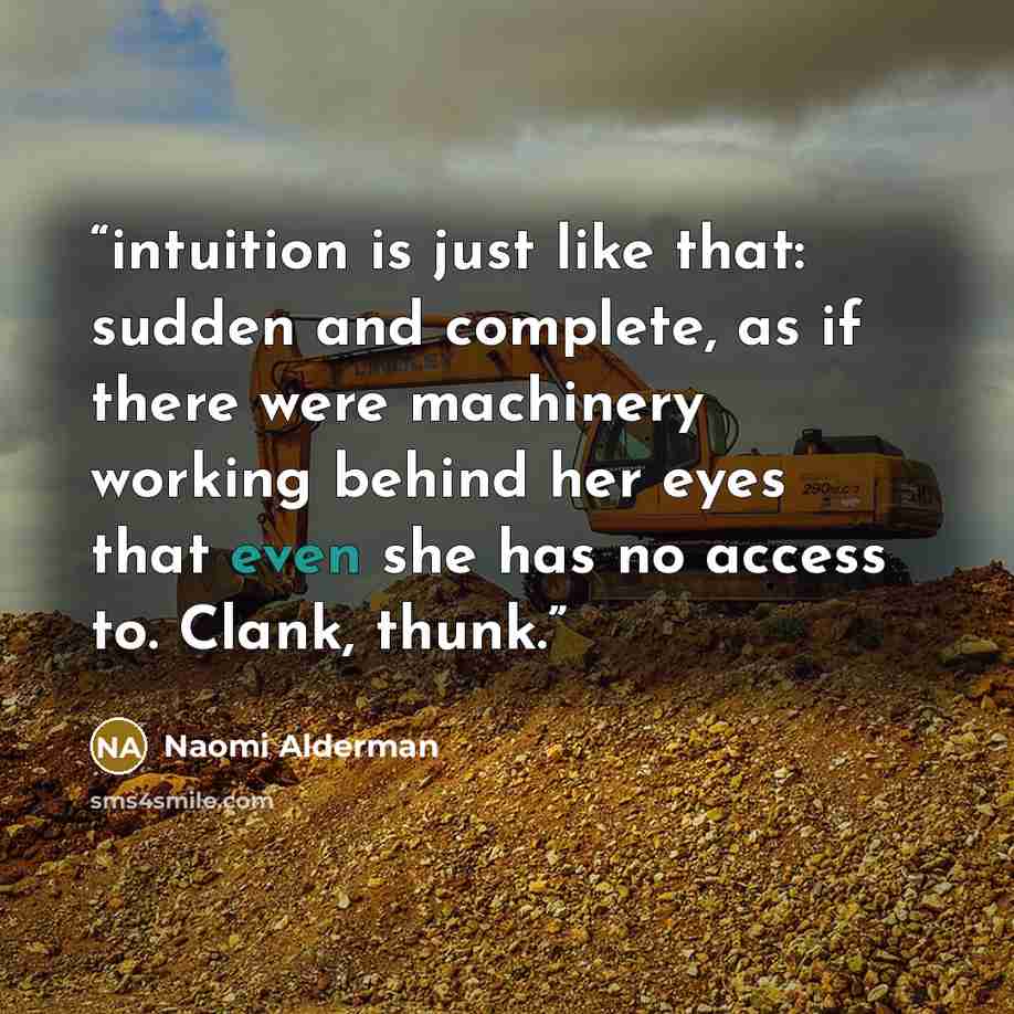 “intuition is just like that: sudden and complete, as if there were machinery working behind her eyes that even she has no access to. Clank, thunk.” quote by Naomi Alderman