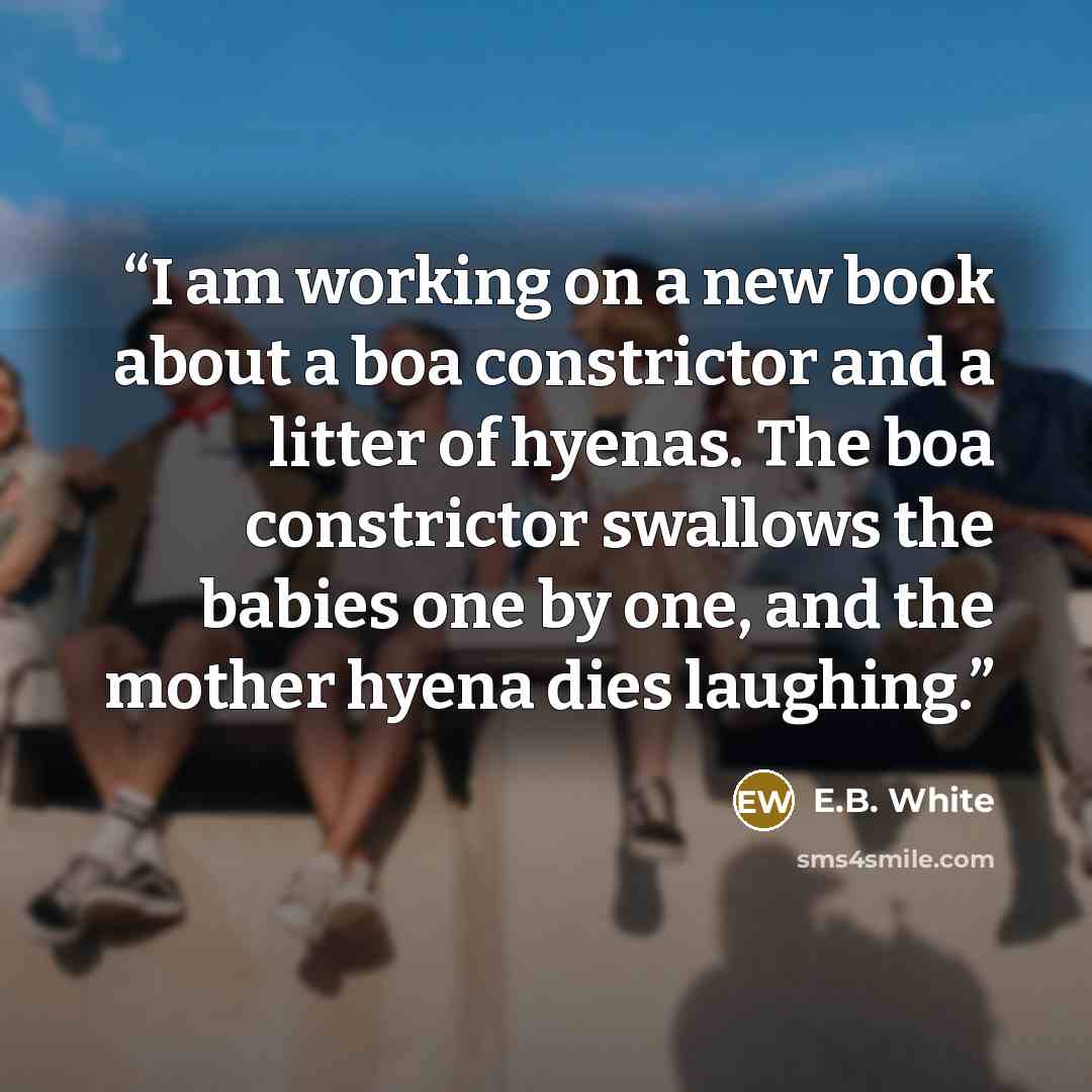 “I am working on a new book about a boa constrictor and a litter of hyenas. The boa constrictor swallows the babies one by one, and the mother hyena dies laughing.” quote by E.B. White