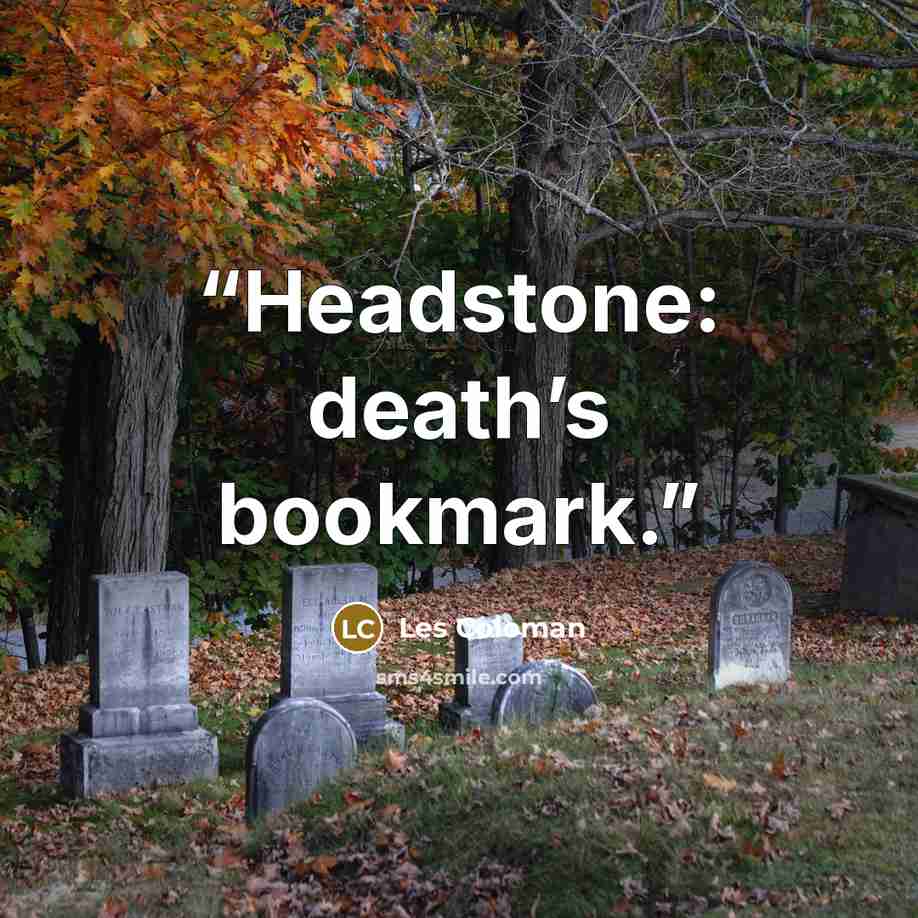 “Headstone: death’s bookmark.” quote by Les Coleman